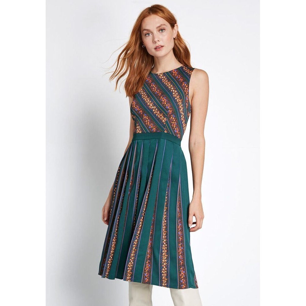Modcloth Green and Navy Floral-Stripe Midi Dress
